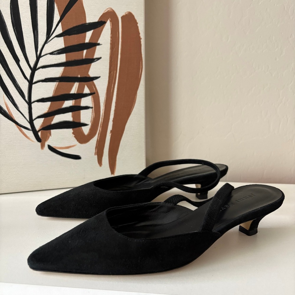 Jenni Kayne Black Suede Pointed Toe Slingback Kitten HeelsSize 37